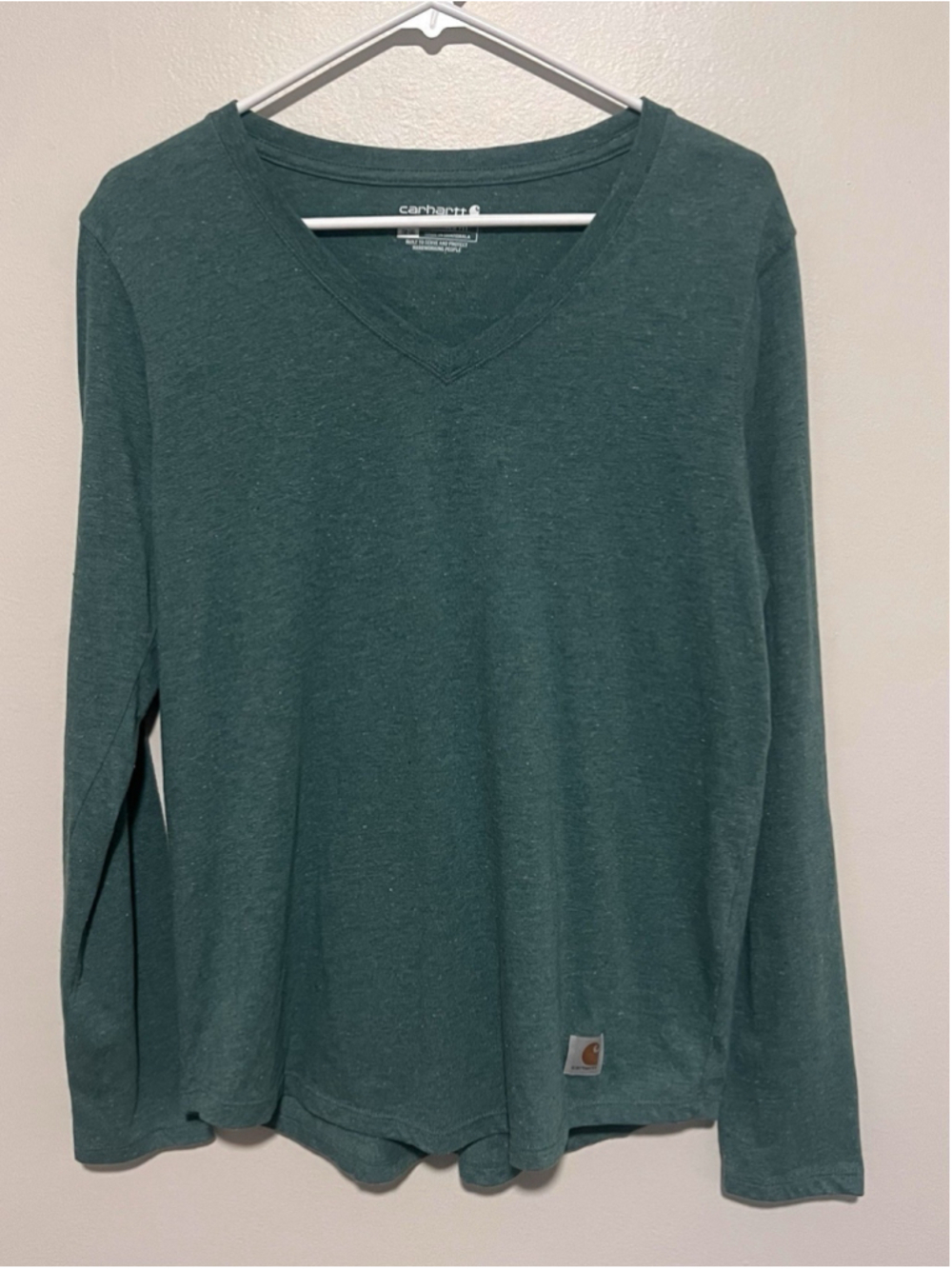 Carhartt Relaxed Fit T-Shirt Long Sleeve Women’s Large Green Marled V-neck Tee